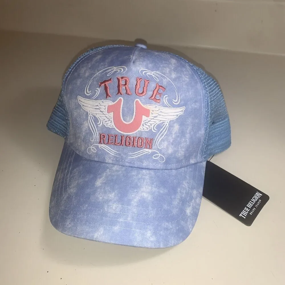 True Religion Blue Trucker Hat OS Logo Cap Adjustable Mesh Back